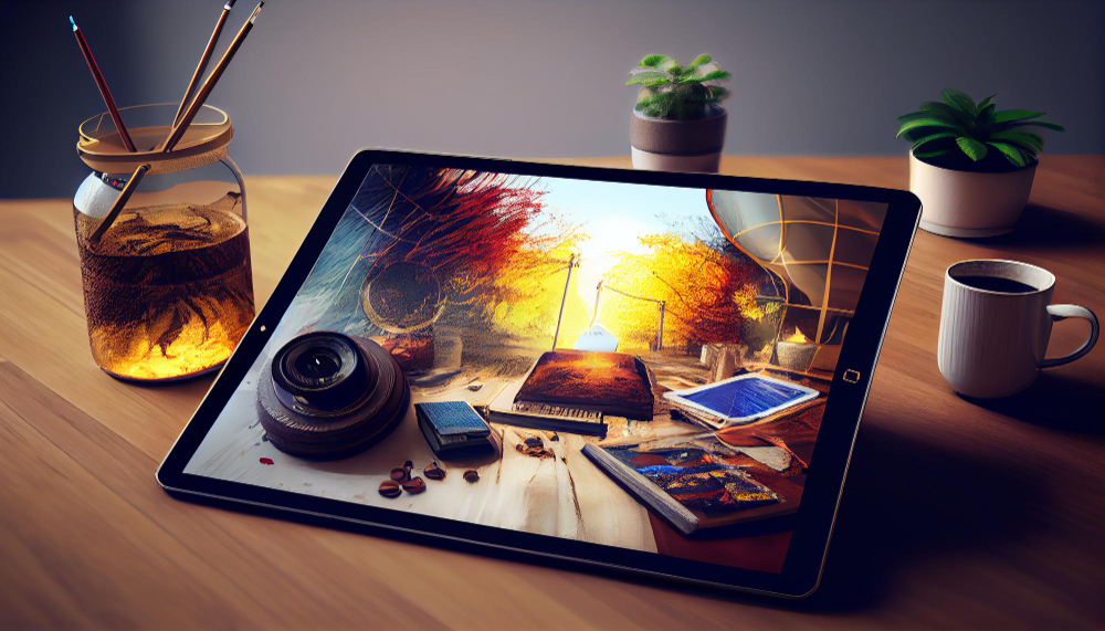 Tablet Modern Technology Wooden Desk Indoors Generative Ai